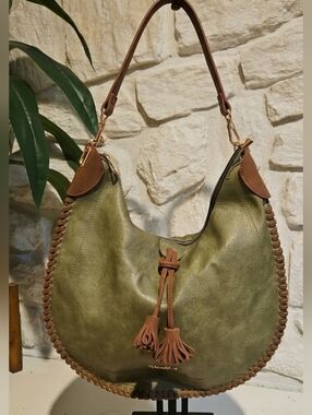 NEW! Boho Olive & Cognac Vegan Leather Shoulder Bag